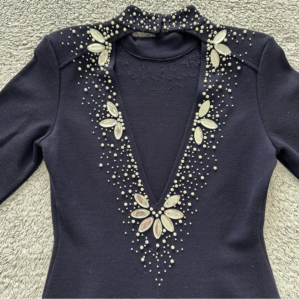 OUTLANDER Pearl & Jewel Trim Knit Dress Sz M Navy V-Back Long Sleeve
